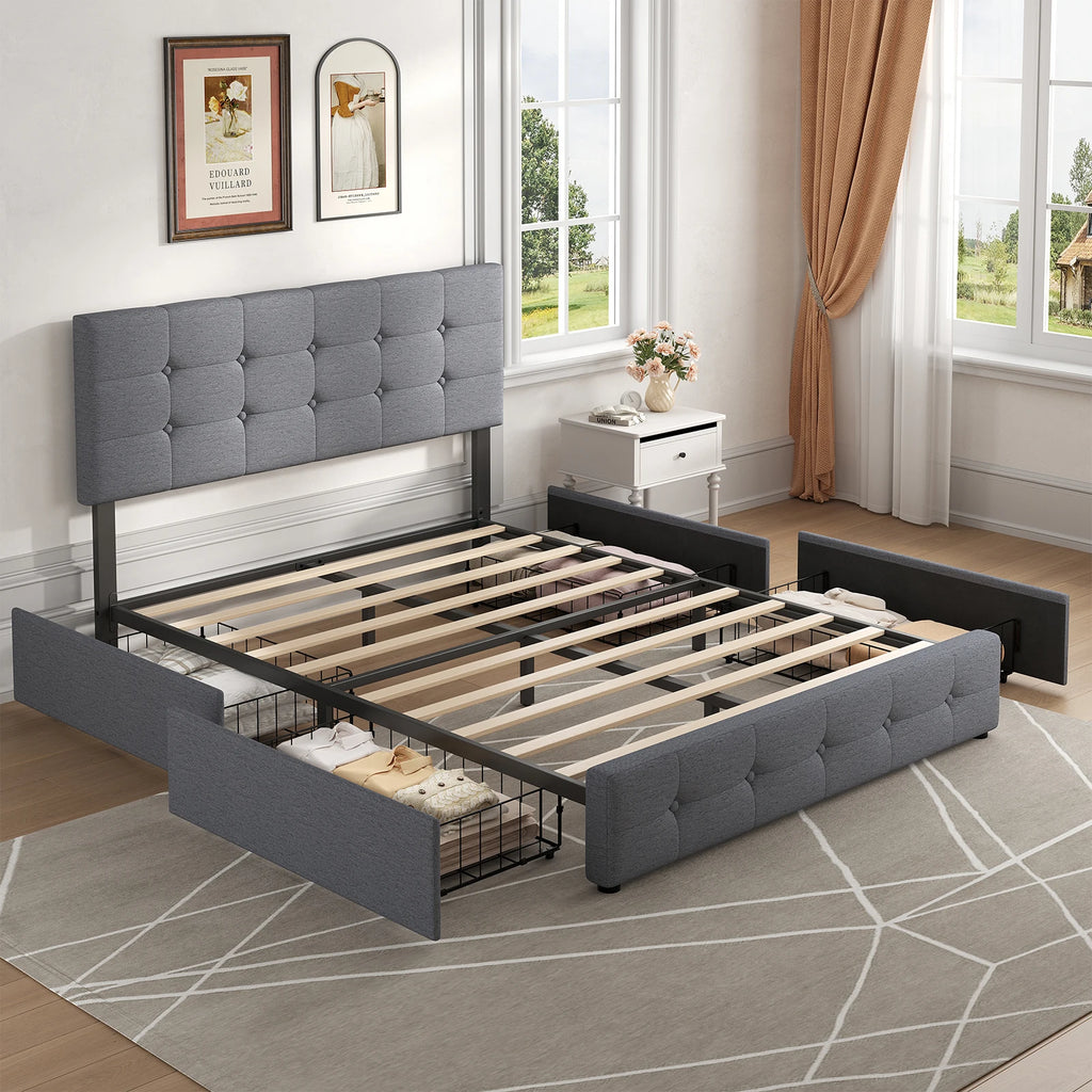 Queen - Full Size Upholstered Platform Bed Frame with Adjustable Headboard – Noise-Free Metal Support