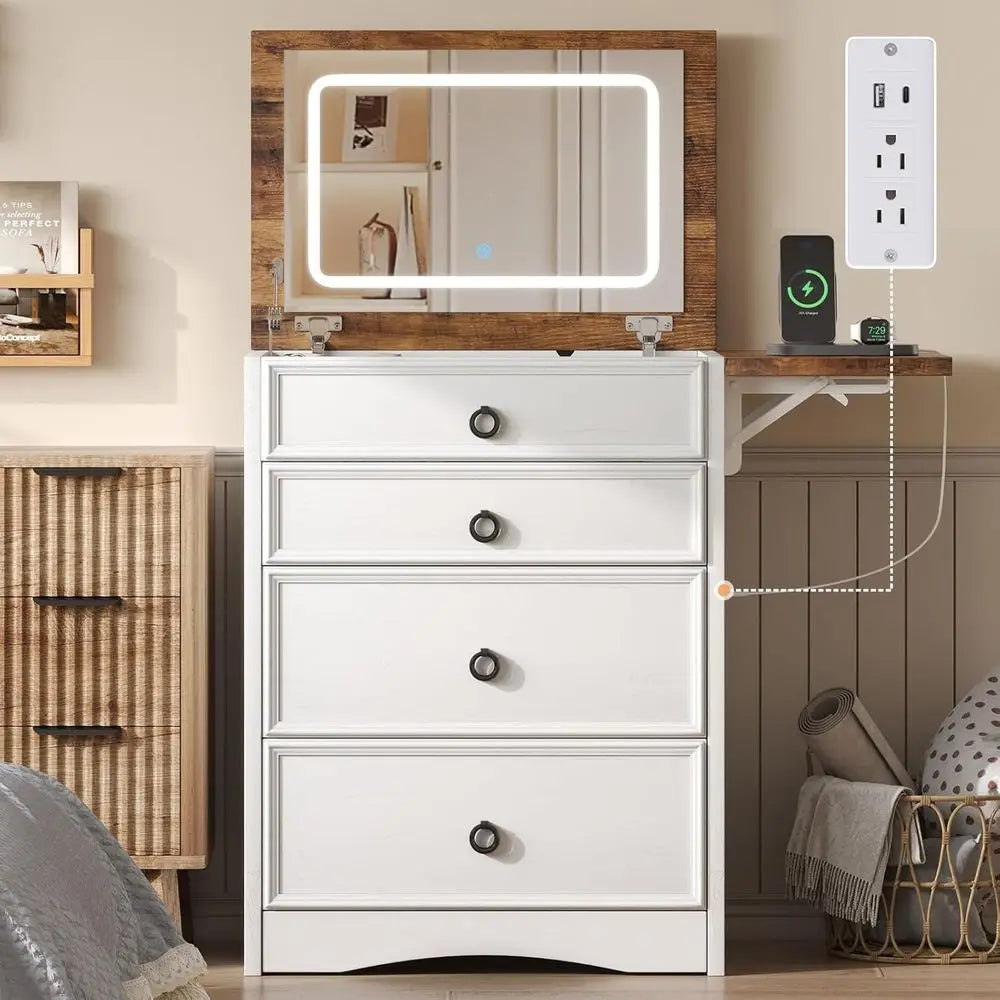 Compact 3-in-1 Makeup Vanity Desk with Mirror, Lights & Hidden Chair – White & Barnwood Finish