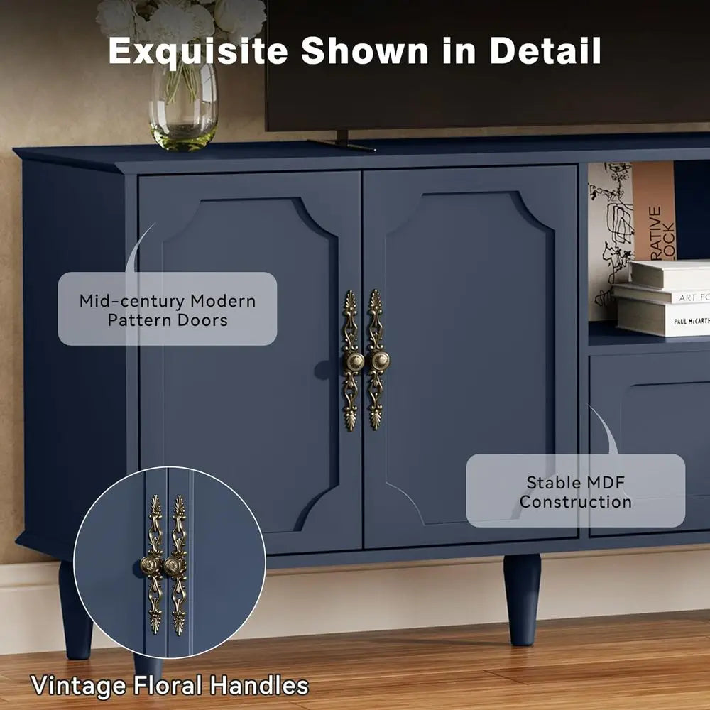 67" Vintage TV Stand for 75–80 Inch TVs, Blue Wooden Entertainment Center with Storage & Adjustable Shelves