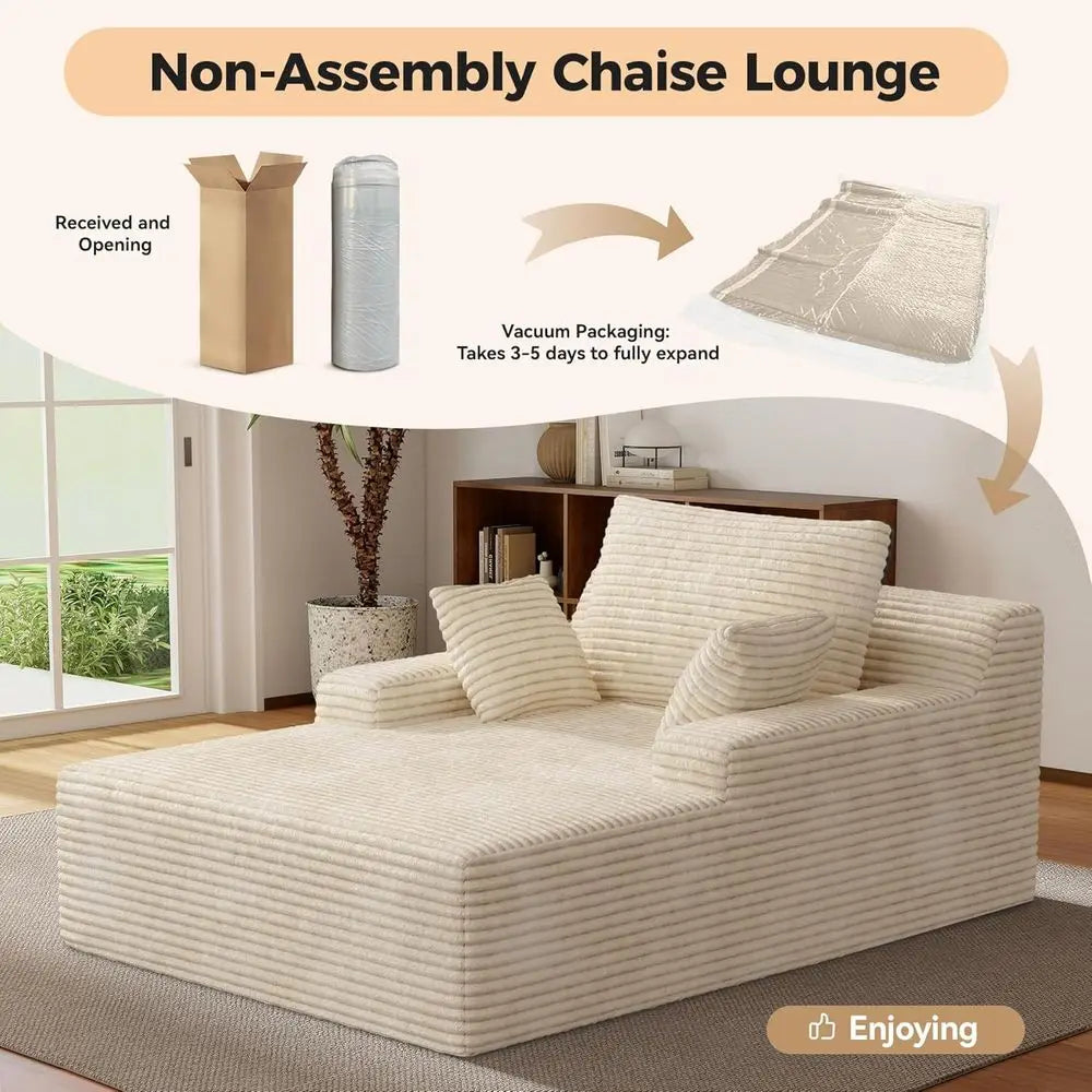 Oversized Indoor Chaise Lounge Chair with 2 Pillows – Khaki Corduroy Deep Seat Sofa Bed