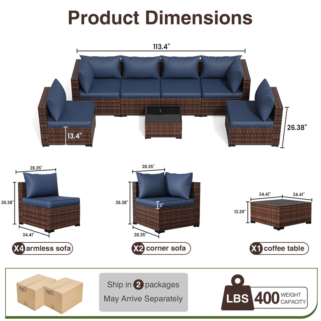 7 Pieces Patio Furniture Set All Weather Outdoor Sectional Sofa, Outdoor Modern Sectional Furniture Wicker Couch with Glass Coffee Table, Thicken Navy Blue Cushions, Water Resistant