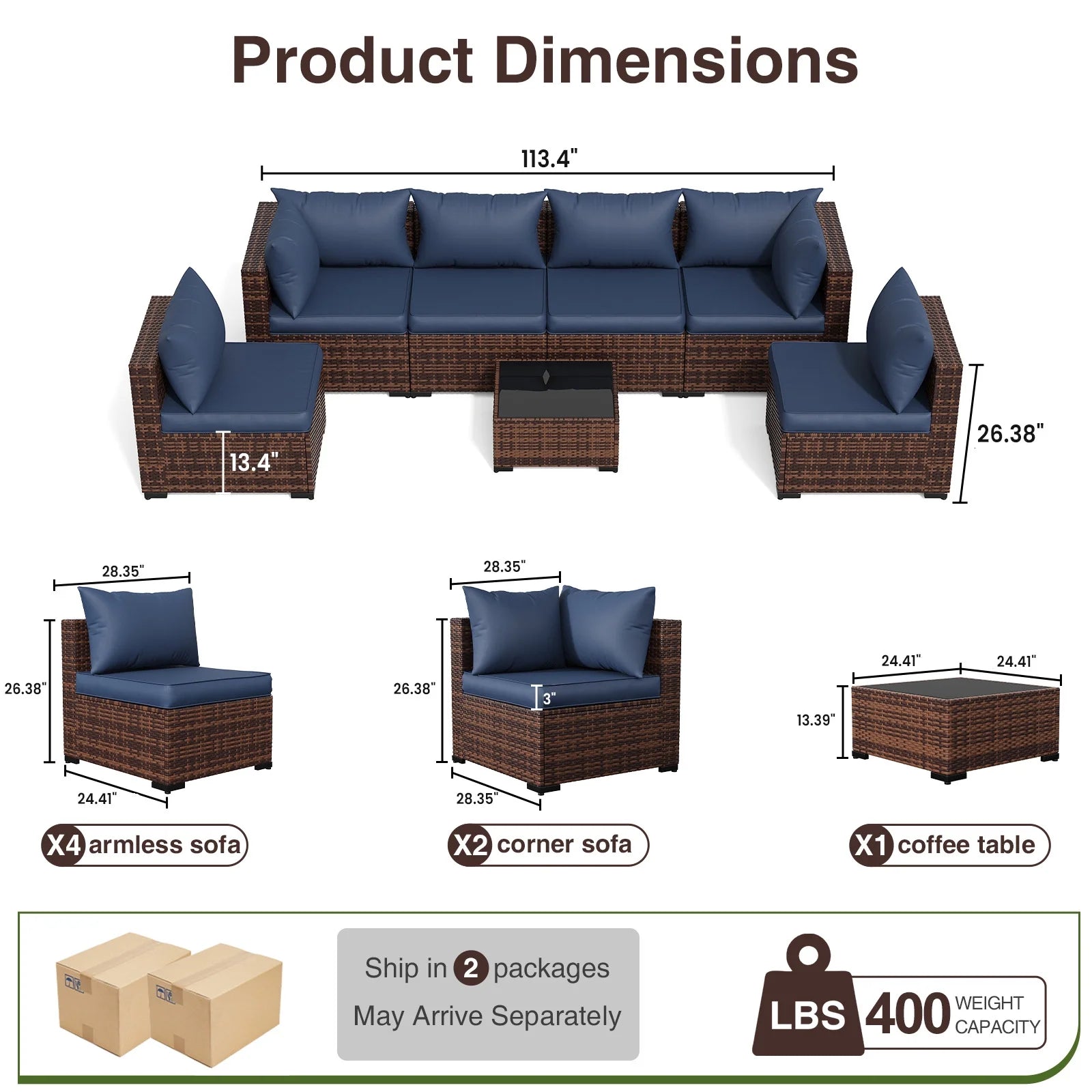 7 Pieces Patio Furniture Set All Weather Outdoor Sectional Sofa, Outdoor Modern Sectional Furniture Wicker Couch with Glass Coffee Table, Thicken Navy Blue Cushions, Water Resistant