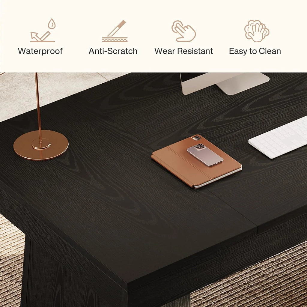 Large Wood Executive Desk, 55" Rectangle Office Desk with Double Pedestal, Modern Minimalist Computer Desk Workstations Conference Table Furniture for Home Office(Black)