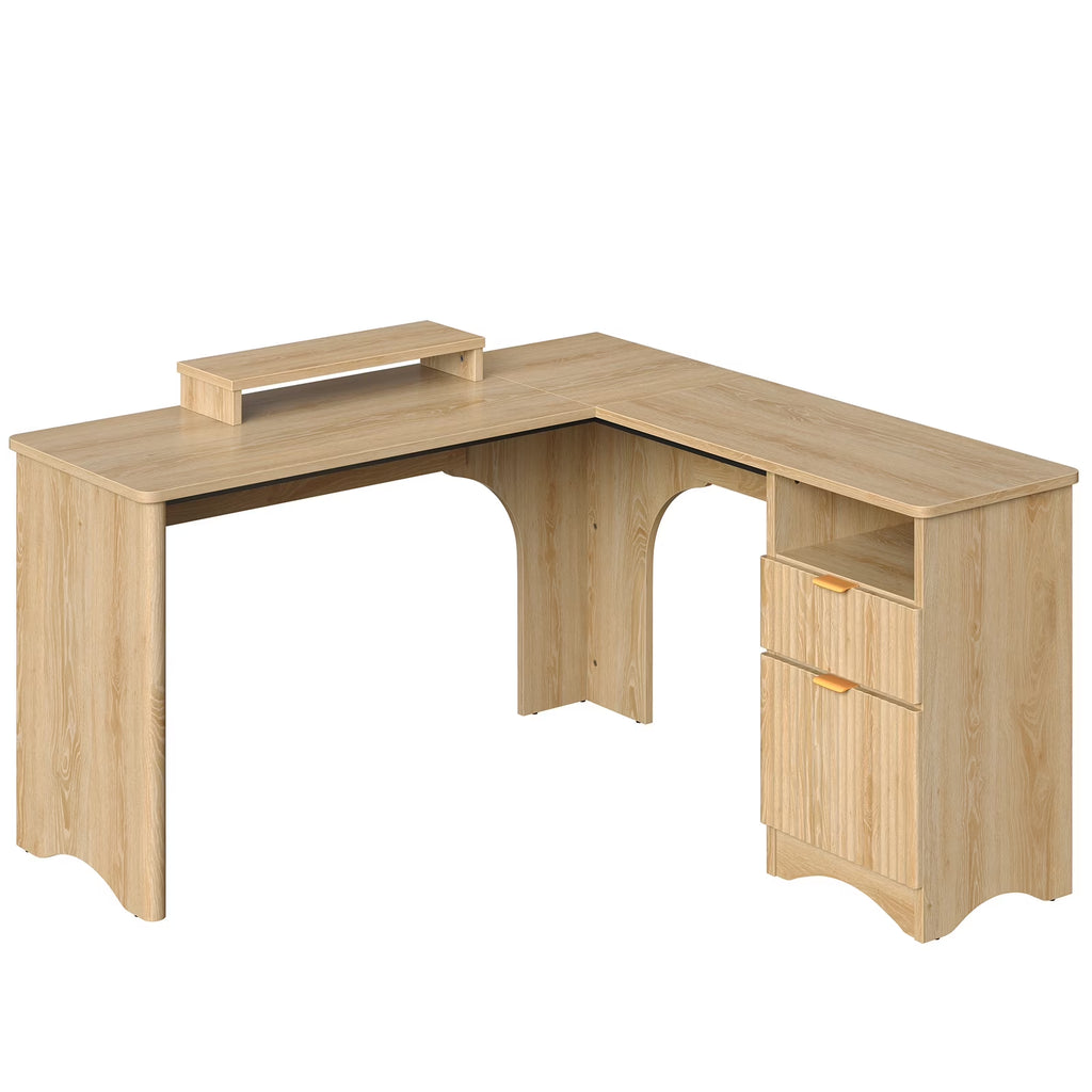 L Shaped Desk with Drawers, 55.7" X 55" Office Computer Desk with round Corners, Monitor Stand & Fluted Panels, Natural Oak