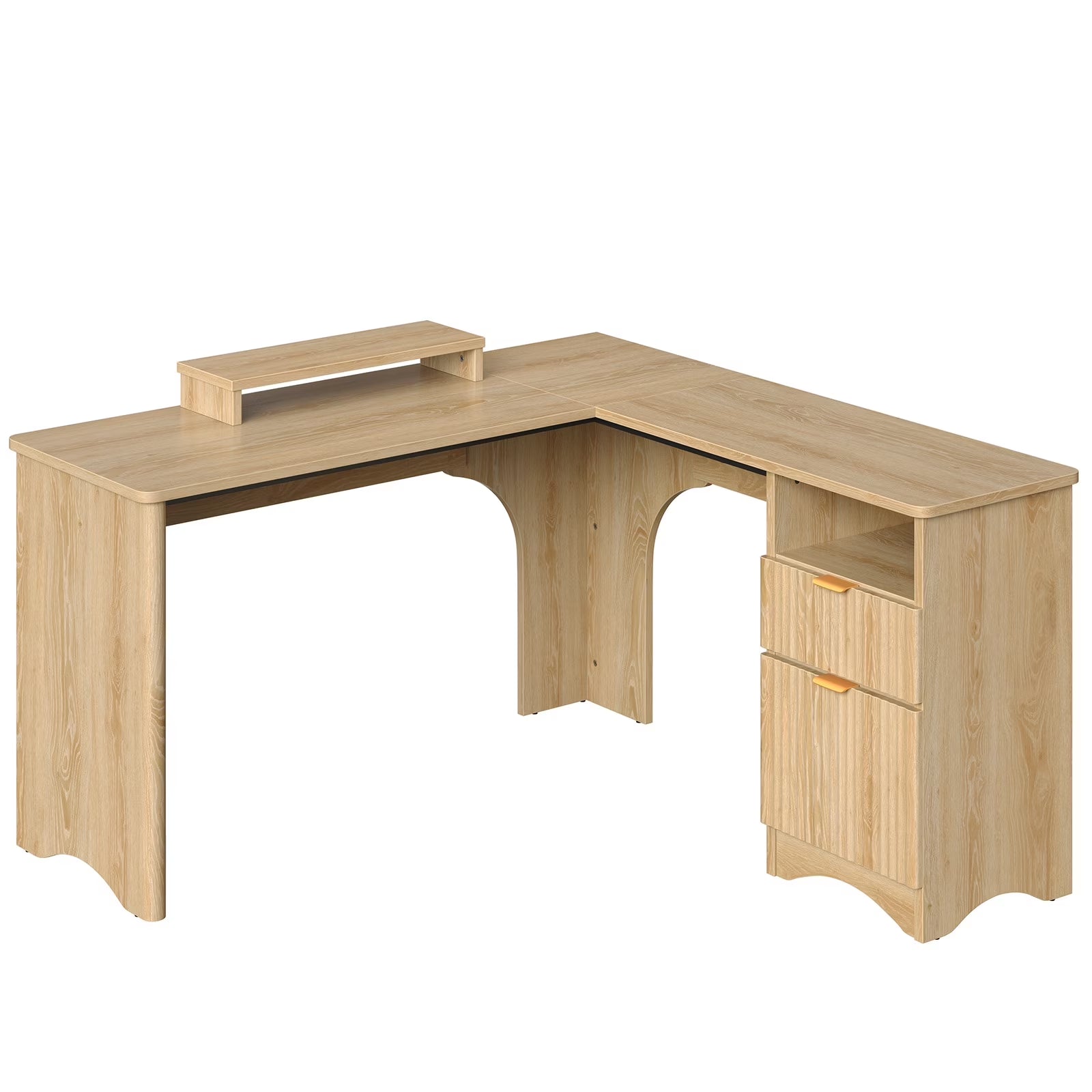 L Shaped Desk with Drawers, 55.7" X 55" Office Computer Desk with round Corners, Monitor Stand & Fluted Panels, Natural Oak