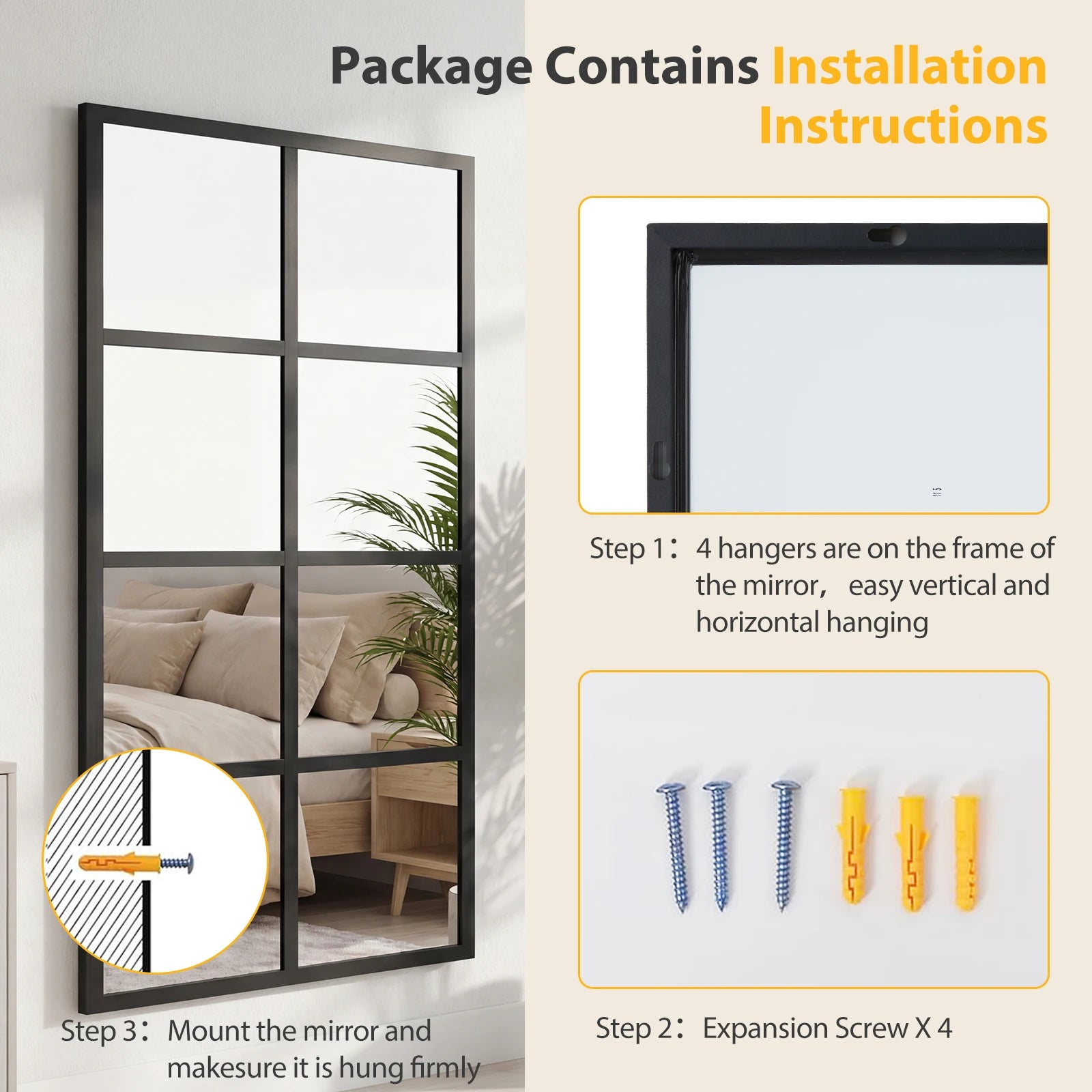 16" X 32" Set of 2 Standing Hanging Modern Window Pane Wall Mirror – Metal Framed Decorative Mirror