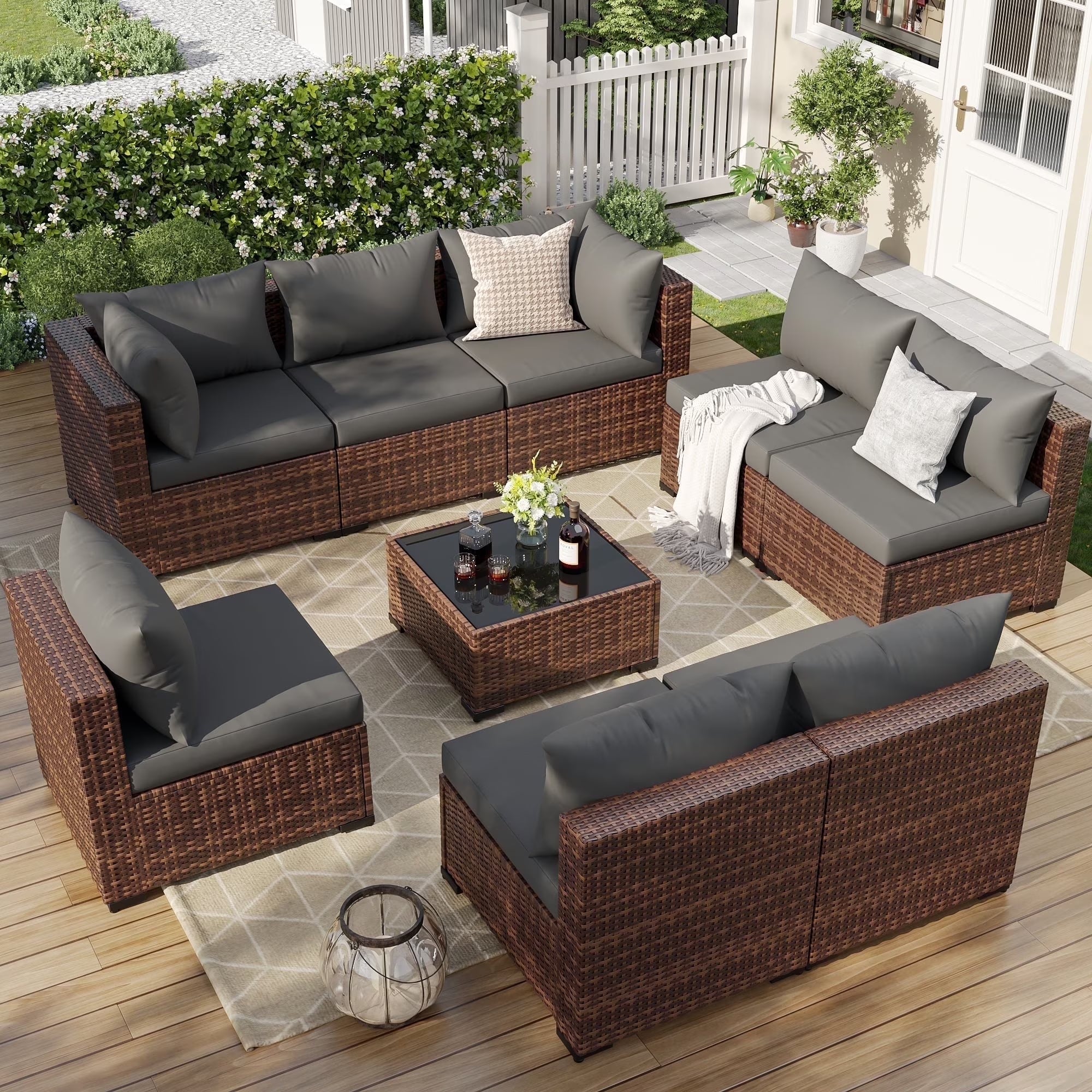 7 Pieces Patio Furniture Set All Weather Outdoor Sectional Sofa, Outdoor Modern Sectional Furniture Wicker Couch with Glass Coffee Table, Thicken Navy Blue Cushions, Water Resistant