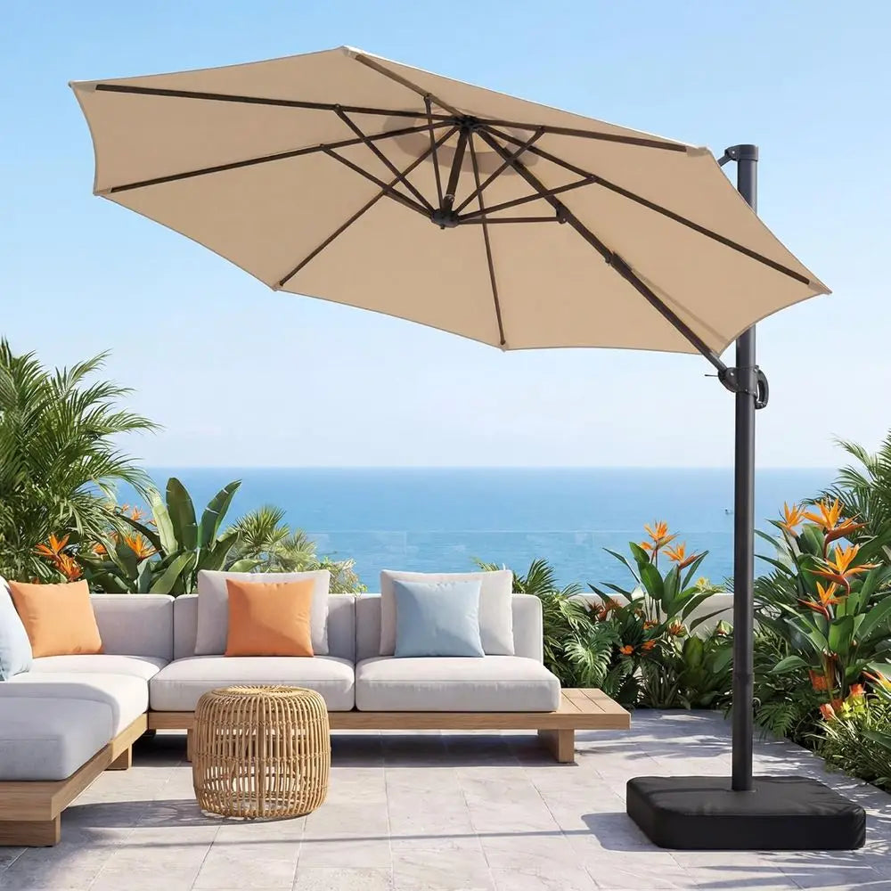 10Ft Large Cantilever Patio Umbrella with Base, 360° Rotation, Ideal for Outdoor Deck, Pool, Backyard, Garden, Champagne