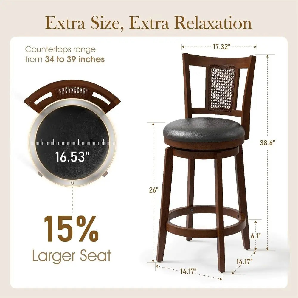 Set of 2, 26 High-Back Leatherette Counter Stools with Solid Wood Legs, Brown Kitchen Barstools