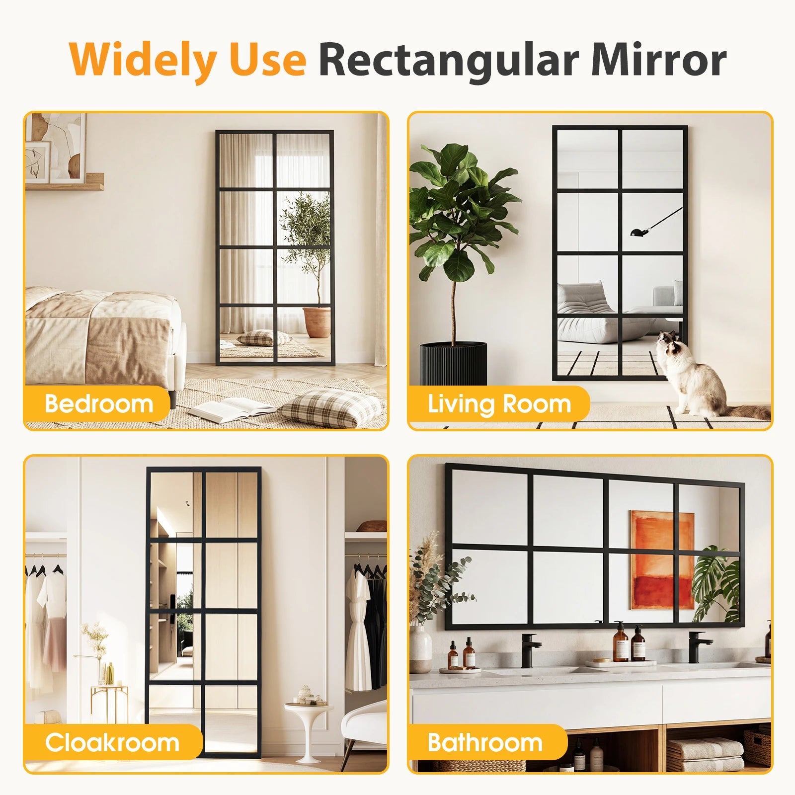 16" X 32" Set of 2 Standing Hanging Modern Window Pane Wall Mirror – Metal Framed Decorative Mirror