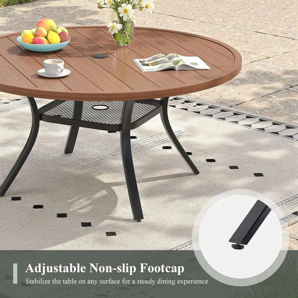 Round 6-Seater Outdoor Metal Patio Dining Table with Umbrella Hole, Walnut Finish