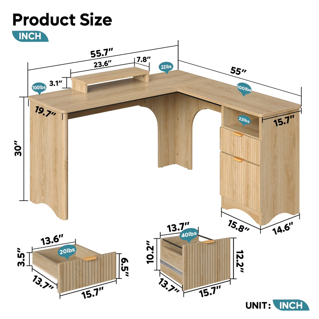 L Shaped Desk with Drawers, 55.7" X 55" Office Computer Desk with round Corners, Monitor Stand & Fluted Panels, Natural Oak