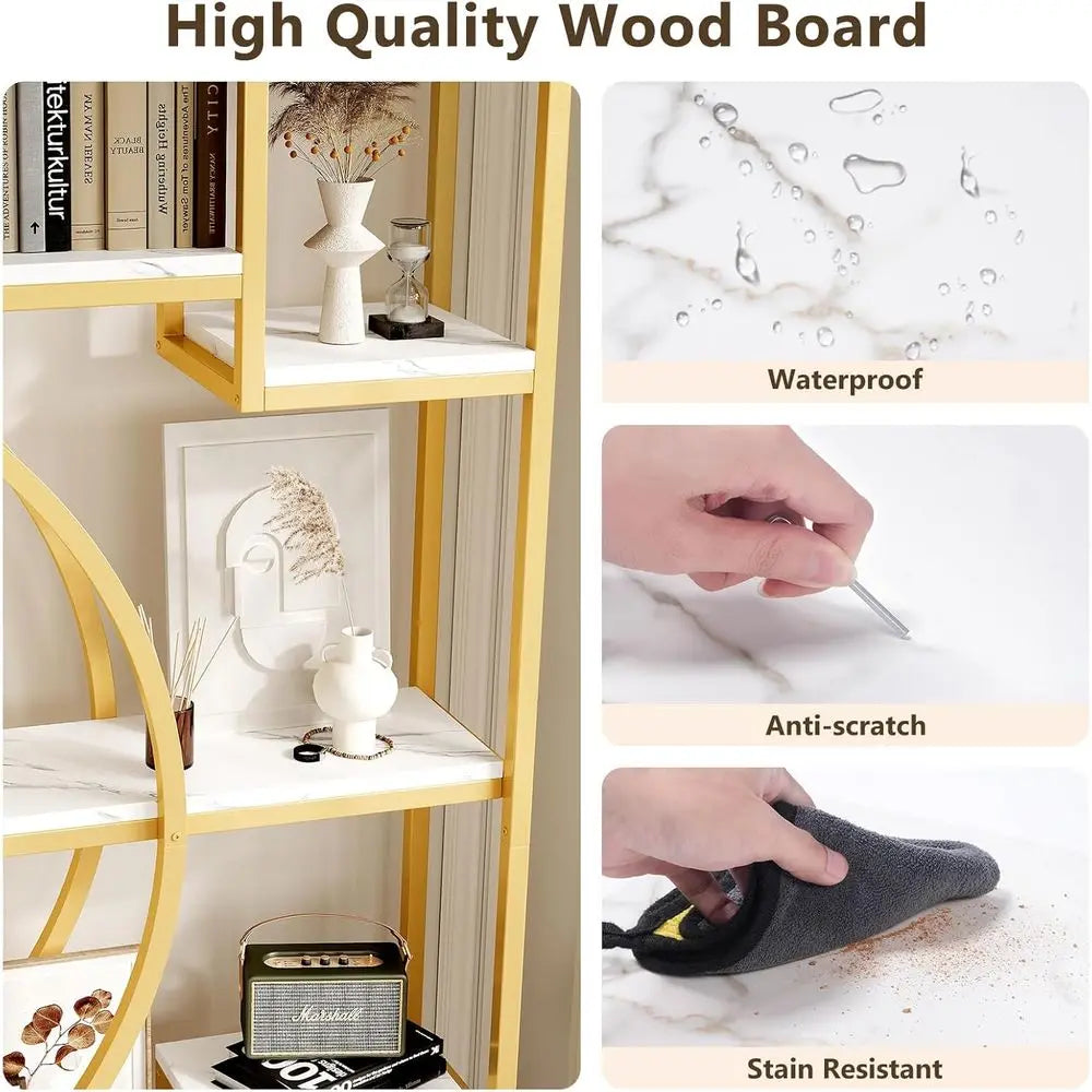 Luxe Marble White & Gold Bookshelf – 79" Wide Geometric Half-Moon Open Storage Shelf