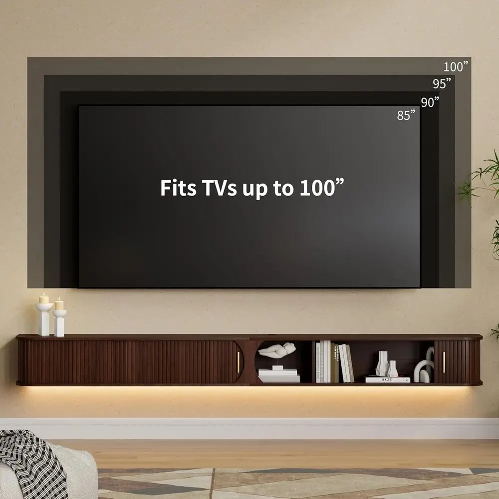 Floating TV Stand with Power Outlet & RGB LED Lights – 94.8" Walnut Entertainment Center