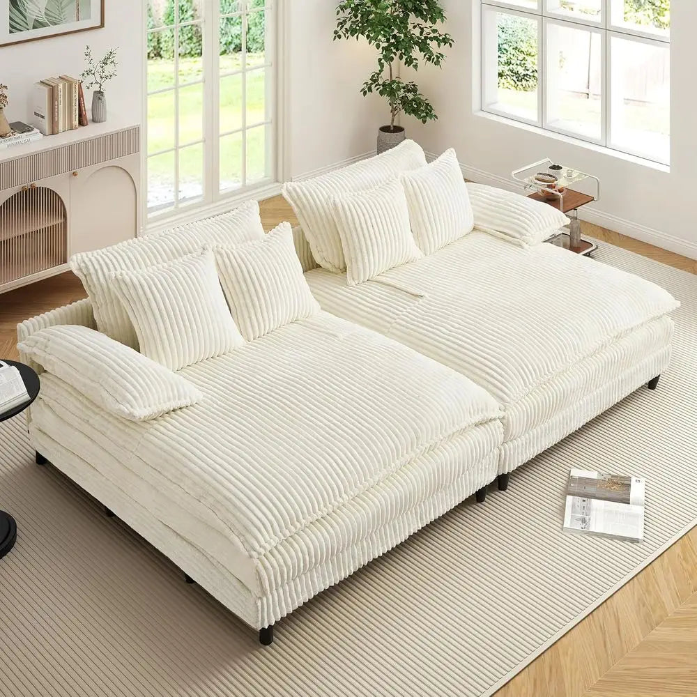Oversized Double Chaise Lounge Sleeper Sofa with Adjustable Backrest – Beige Corduroy