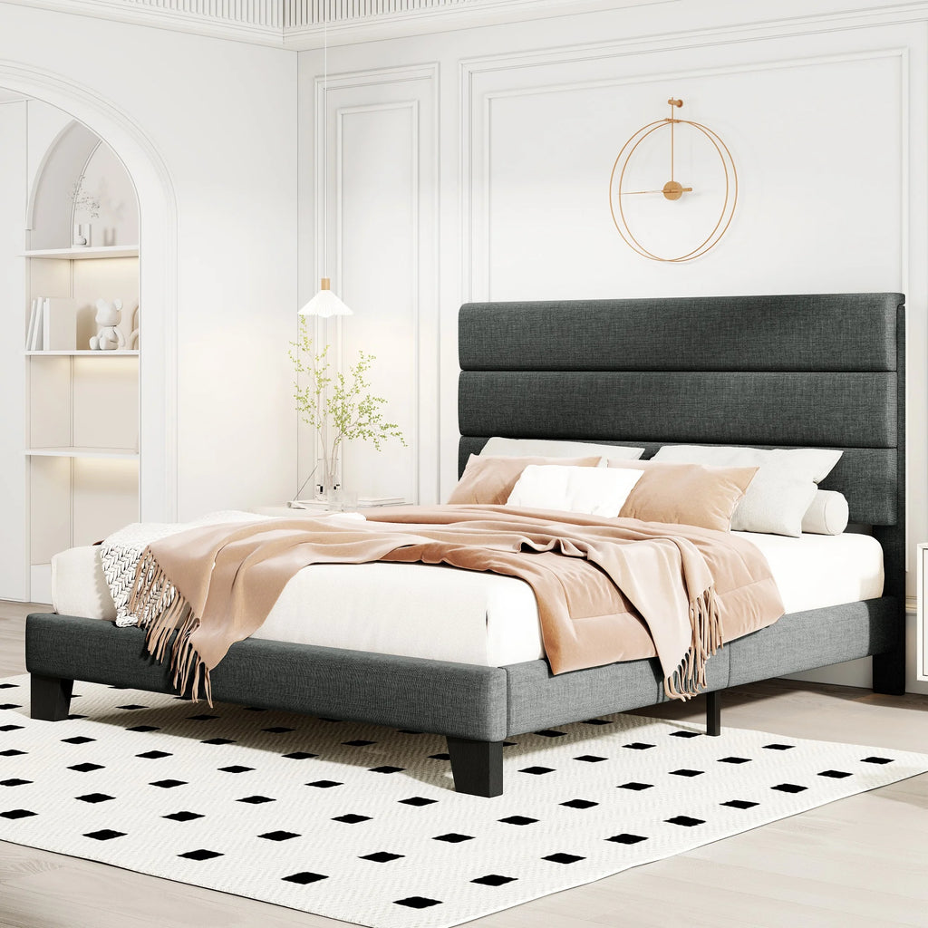 Bed Frame with Headboard, Fabric Platform Bed, Strong Wood Slats Support Panel Bed Mattress Foundation Allewie