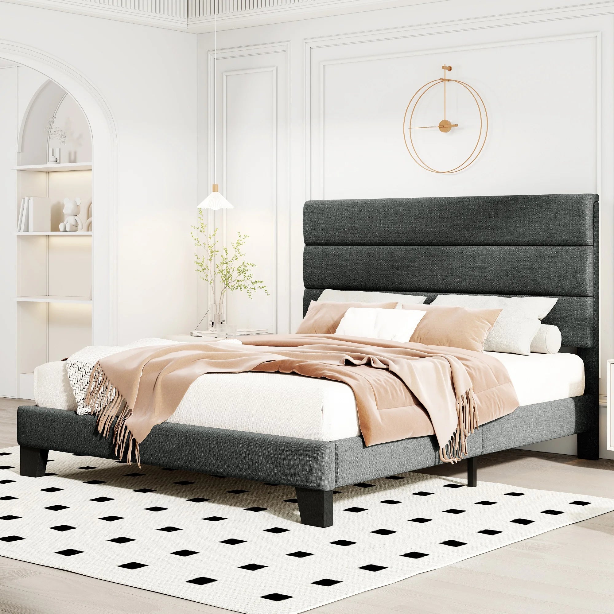 Bed Frame with Headboard, Fabric Platform Bed, Strong Wood Slats Support Panel Bed Mattress Foundation Allewie