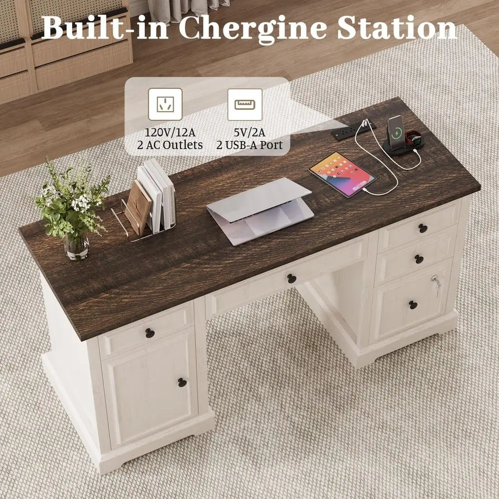 59" Executive Desk with Drawers, Lockable File Cabinet & Power Outlet – Warm White