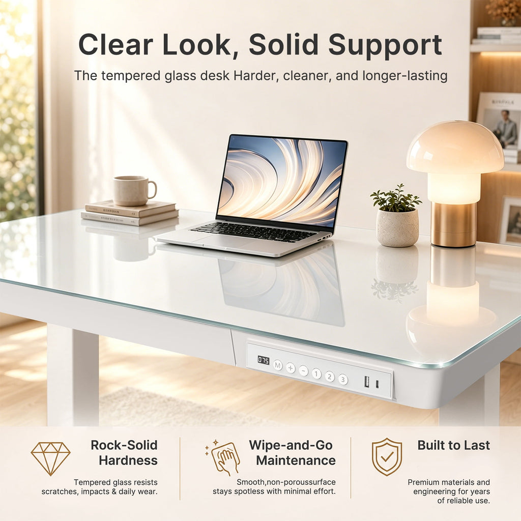Glass Top Electric Standing Desk with Drawer, 48'' X 24'' Electric Height Adjustable Desk with USB Charging Ports, Sit Stand up for Home Office