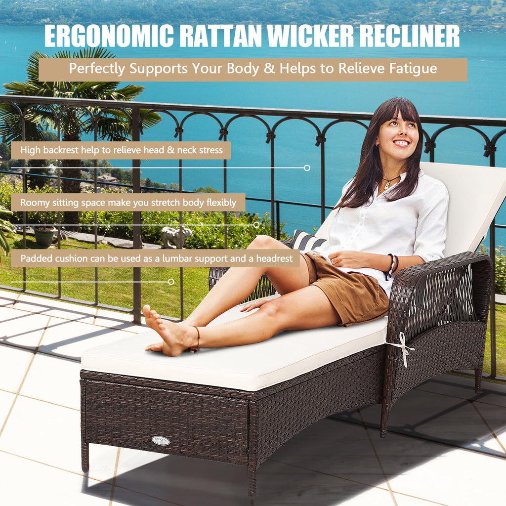 Rattan Patio Lounge Chair Chaise W/ Adjustable Backrest Cushion & Pillow