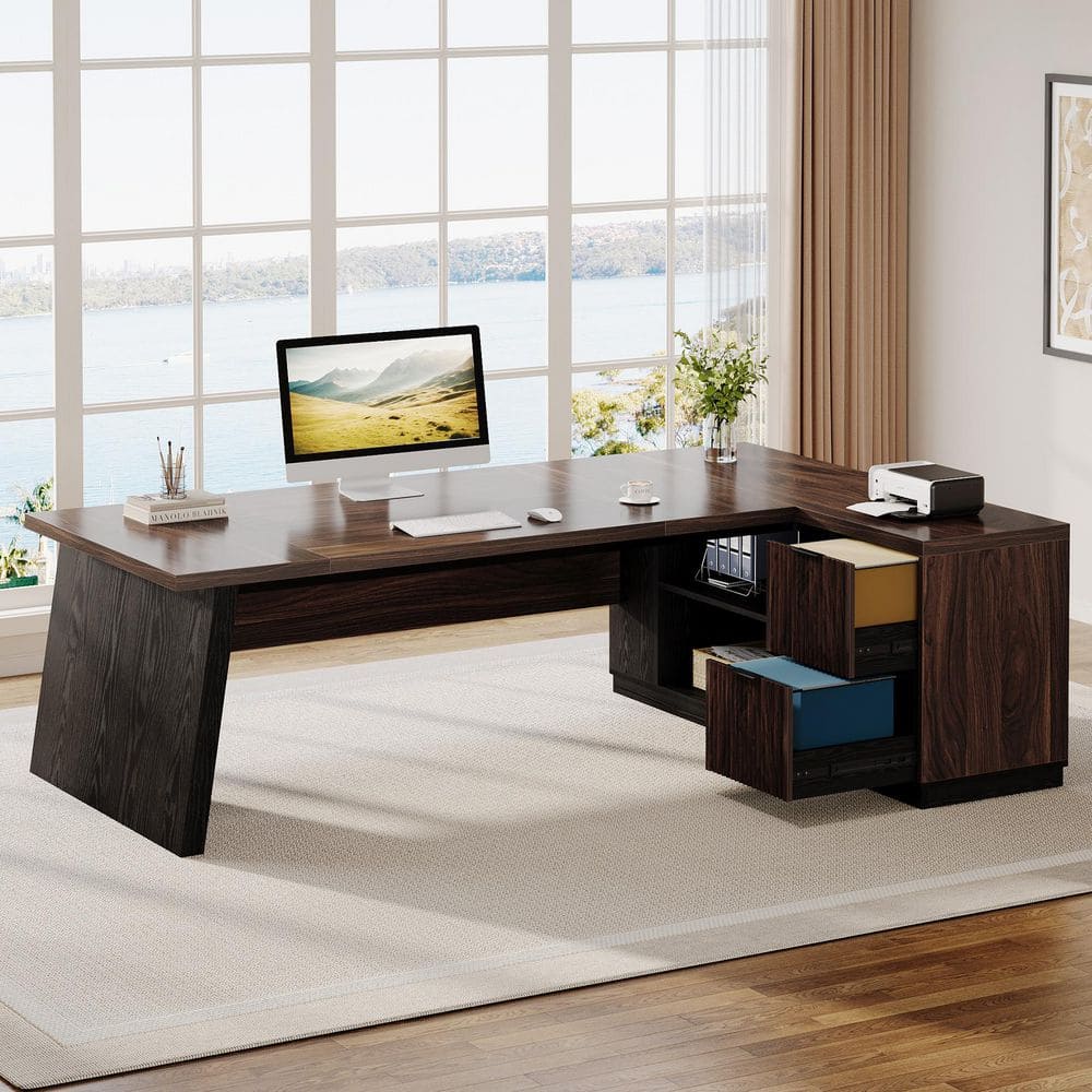 Modern 77.95 In. L Shaped Deep Brown and Black Wood 2-Drawer Office Desk Executive Desk with Shelves