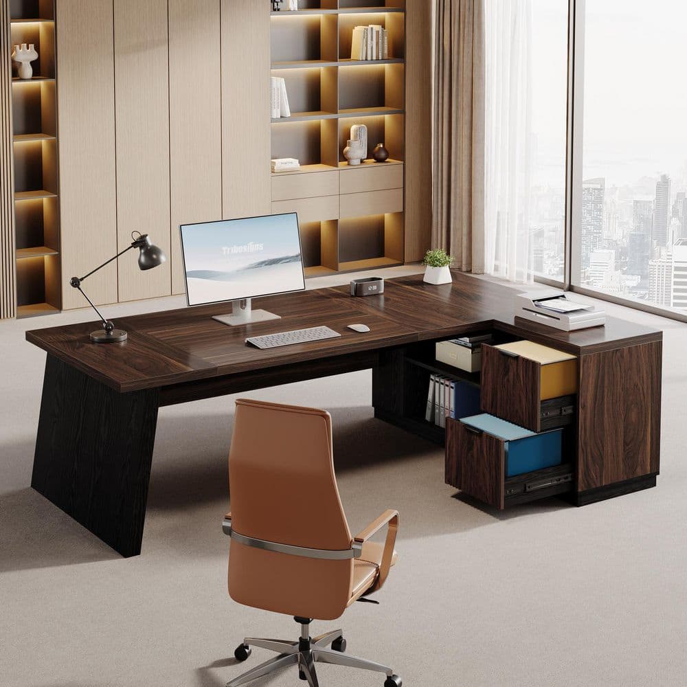 Modern 77.95 In. L Shaped Deep Brown and Black Wood 2-Drawer Office Desk Executive Desk with Shelves