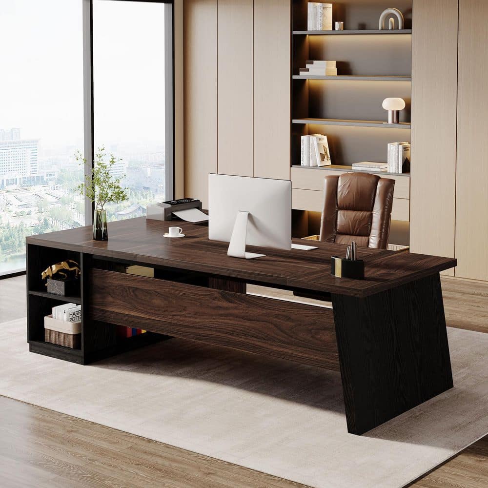Modern 77.95 In. L Shaped Deep Brown and Black Wood 2-Drawer Office Desk Executive Desk with Shelves