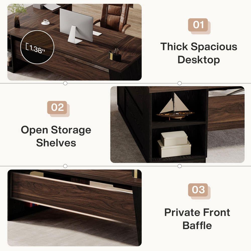 Modern 77.95 In. L Shaped Deep Brown and Black Wood 2-Drawer Office Desk Executive Desk with Shelves