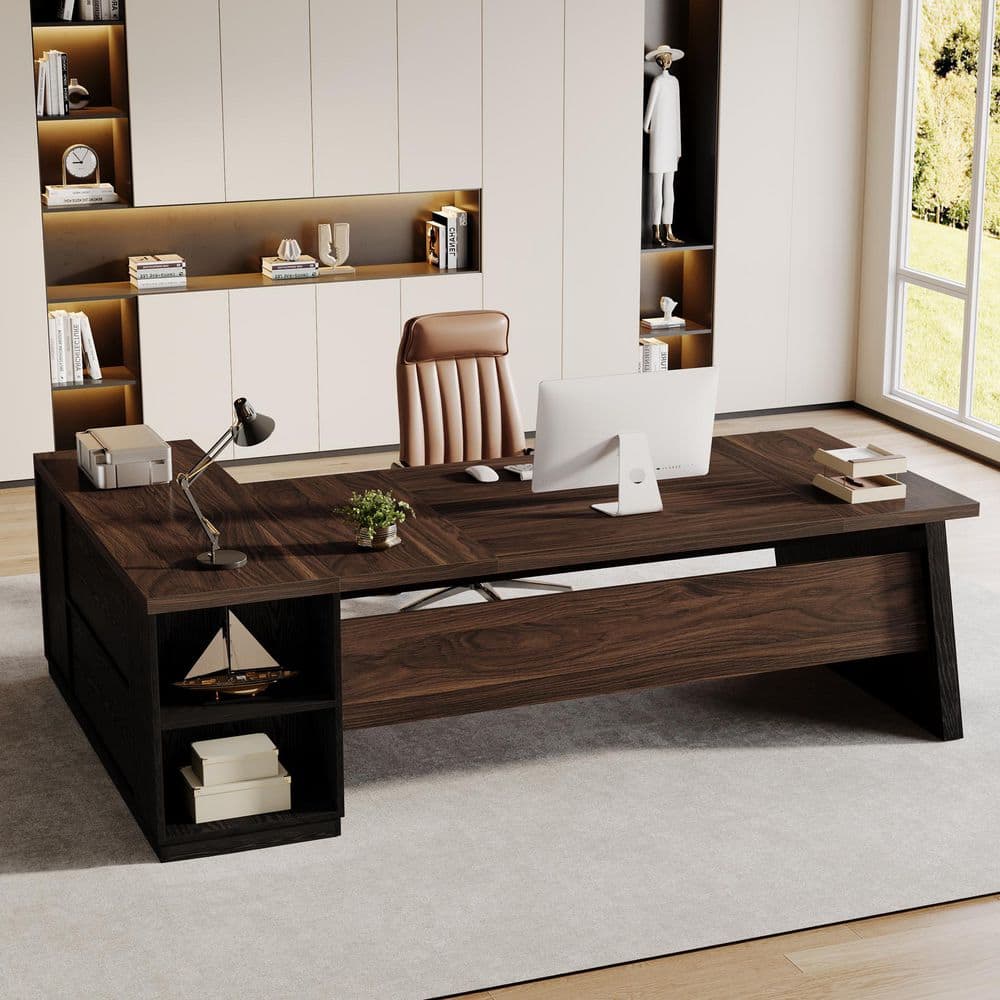 Modern 77.95 In. L Shaped Deep Brown and Black Wood 2-Drawer Office Desk Executive Desk with Shelves