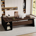 Modern 77.95 In. L Shaped Deep Brown and Black Wood 2-Drawer Office Desk Executive Desk with Shelves