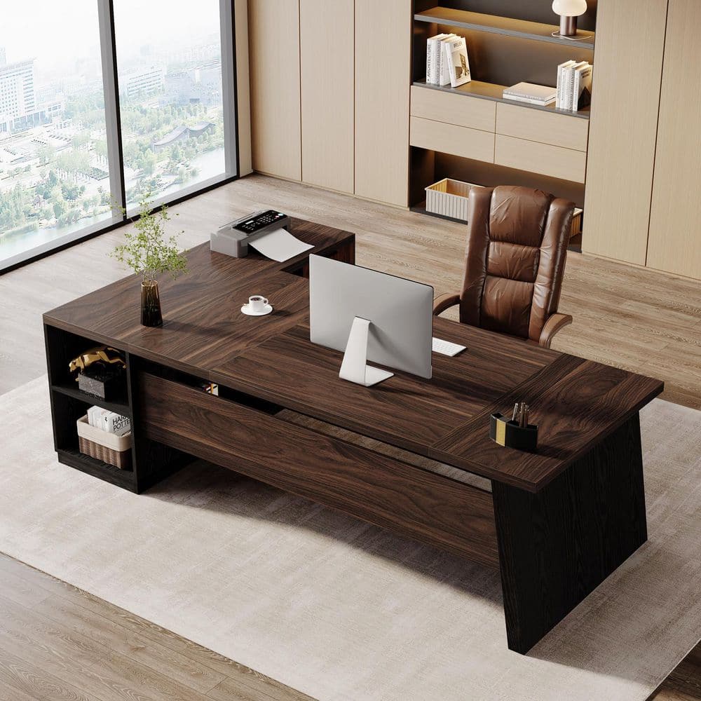 Modern 77.95 In. L Shaped Deep Brown and Black Wood 2-Drawer Office Desk Executive Desk with Shelves