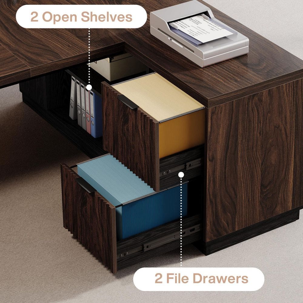 Modern 77.95 In. L Shaped Deep Brown and Black Wood 2-Drawer Office Desk Executive Desk with Shelves