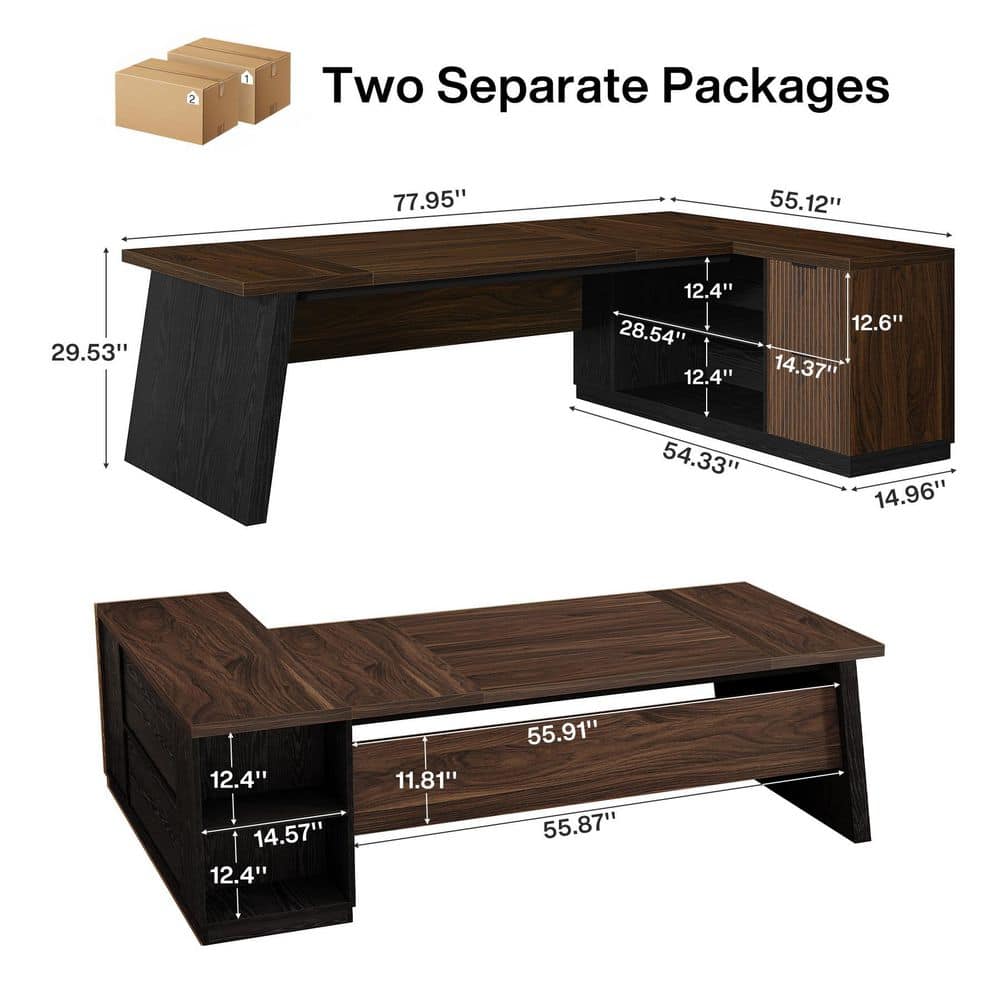 Modern 77.95 In. L Shaped Deep Brown and Black Wood 2-Drawer Office Desk Executive Desk with Shelves