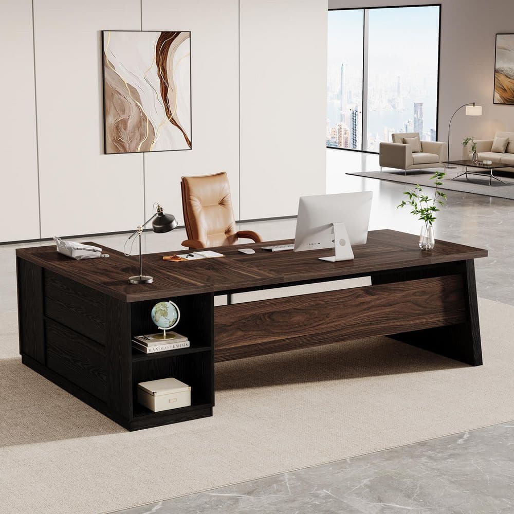 Modern 77.95 In. L Shaped Deep Brown and Black Wood 2-Drawer Office Desk Executive Desk with Shelves