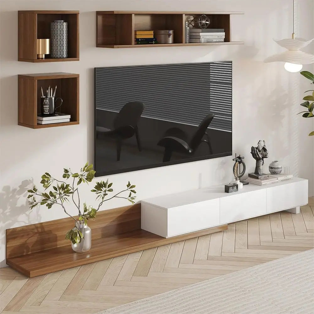 Modern TV Stand Entertainment Center with Shelves – White & Walnut