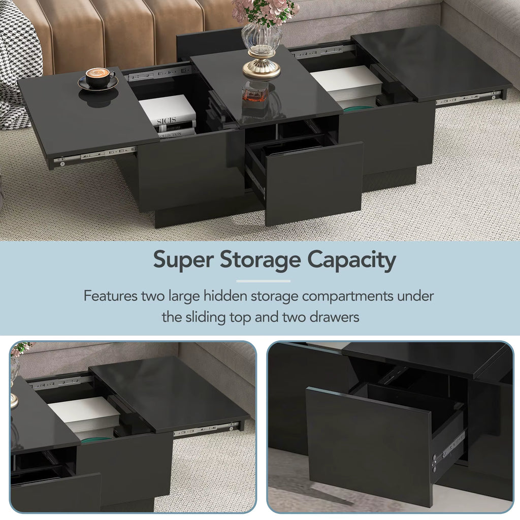Modern High-Gloss Coffee Table – Extendable Sliding Top with Hidden Storage