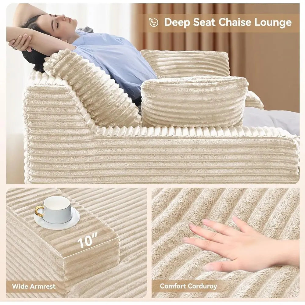 Oversized Indoor Chaise Lounge Chair with 2 Pillows – Khaki Corduroy Deep Seat Sofa Bed