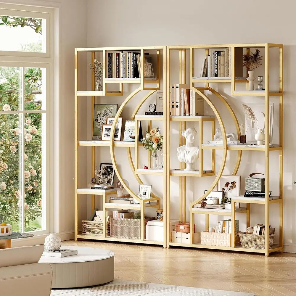 Luxe Marble White & Gold Bookshelf – 79" Wide Geometric Half-Moon Open Storage Shelf
