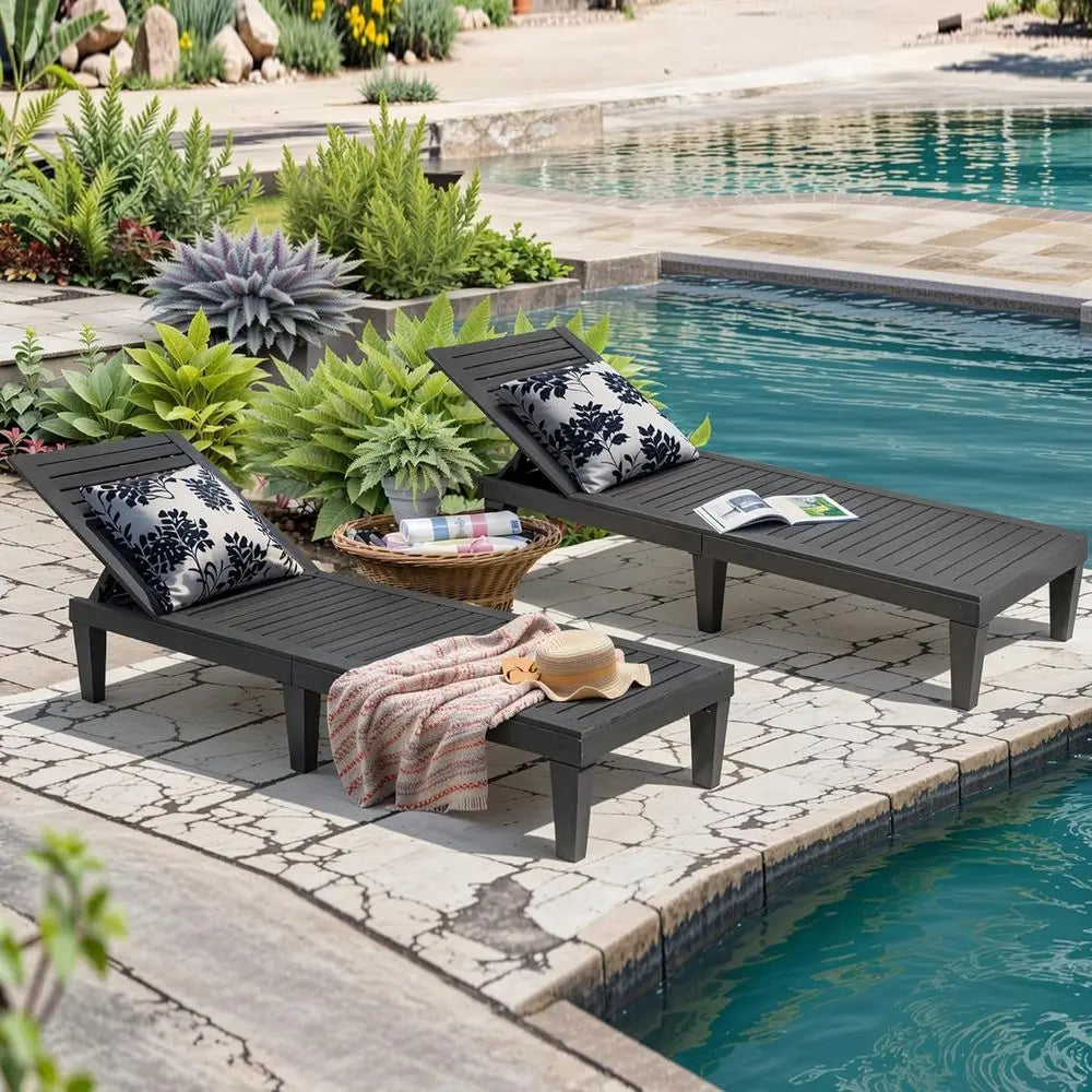 Set of 4 Outdoor Patio Lounge Chairs – Adjustable Waterproof Poolside Chaise Lounges, Striped Black