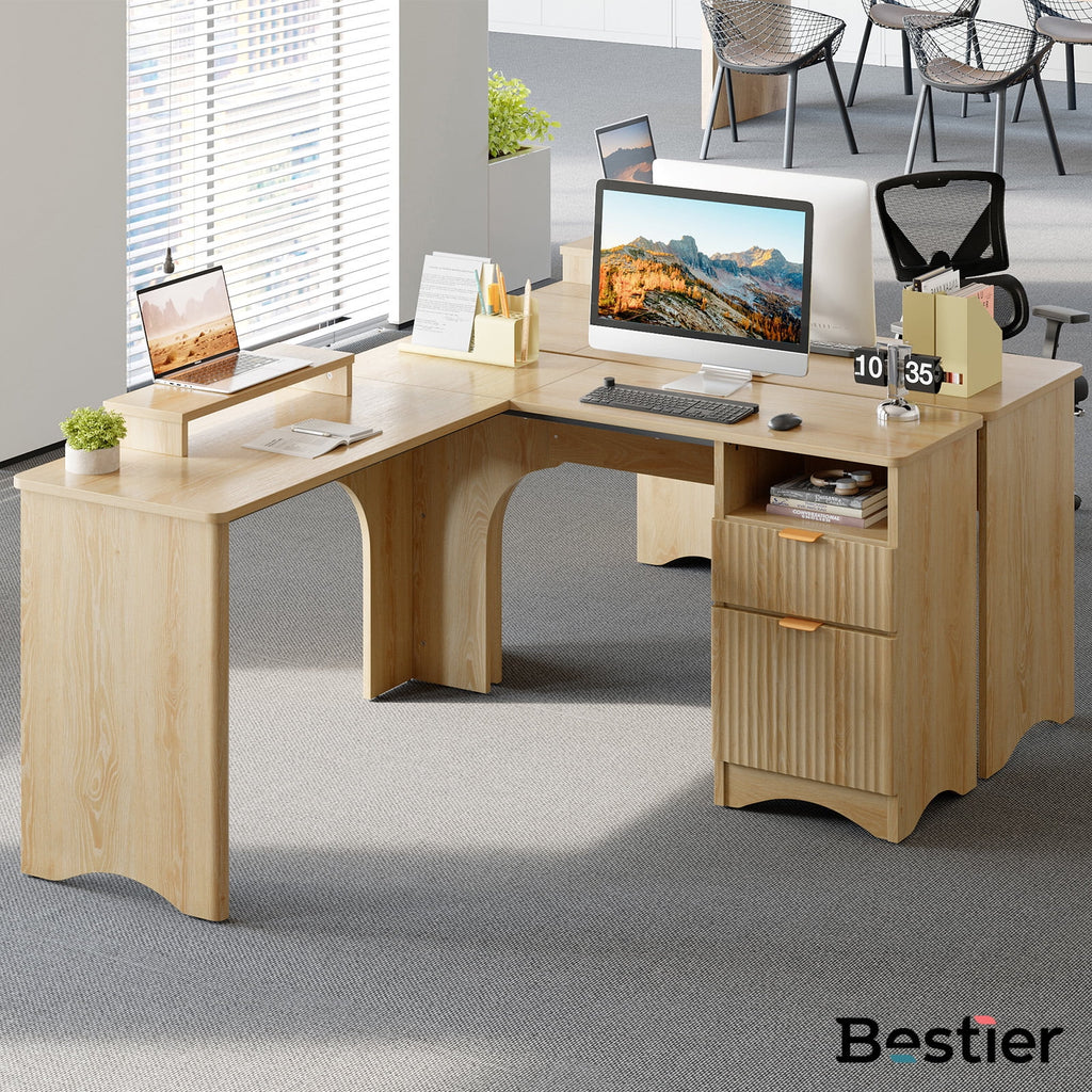 L Shaped Desk with Drawers, 55.7" X 55" Office Computer Desk with round Corners, Monitor Stand & Fluted Panels, Natural Oak