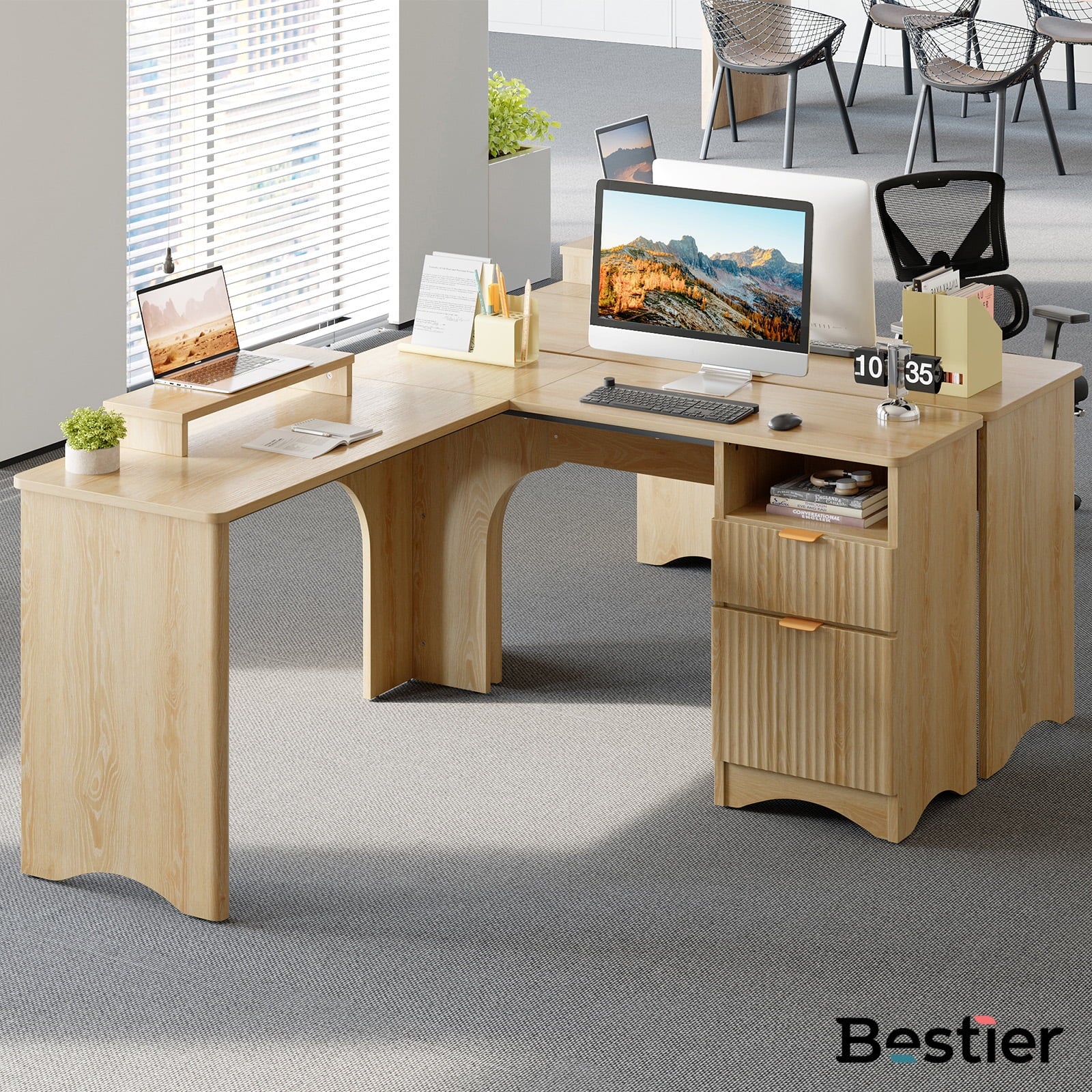 L Shaped Desk with Drawers, 55.7" X 55" Office Computer Desk with round Corners, Monitor Stand & Fluted Panels, Natural Oak