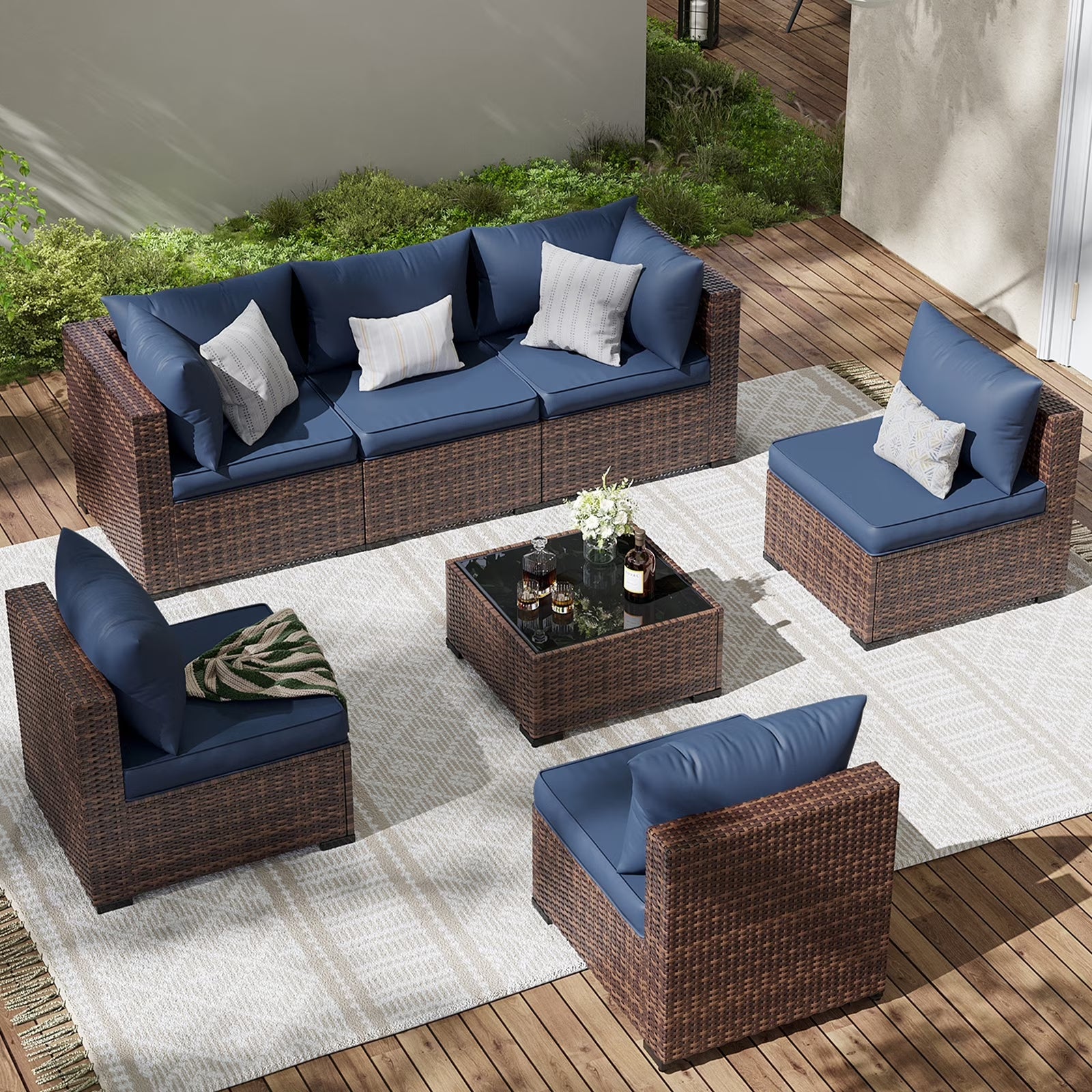 7 Pieces Patio Furniture Set All Weather Outdoor Sectional Sofa, Outdoor Modern Sectional Furniture Wicker Couch with Glass Coffee Table, Thicken Navy Blue Cushions, Water Resistant