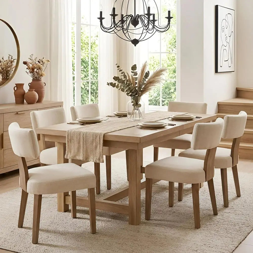 Linen Upholstered Dining Chairs Set of 6 – Beige Curved Back Accent Chairs with Hardwood Legs, Mid-Century Modern