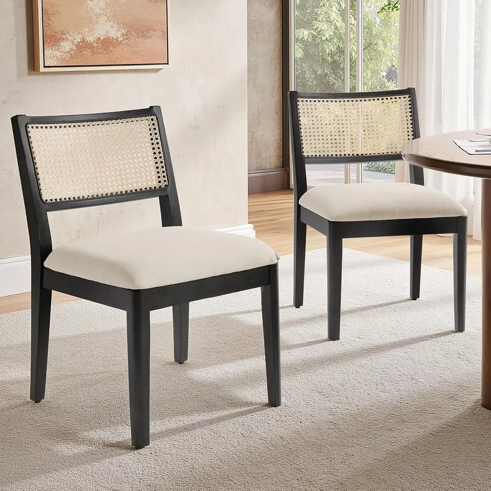 Upholstered Curved Back Rattan Dining Chairs Set of 2 – Black