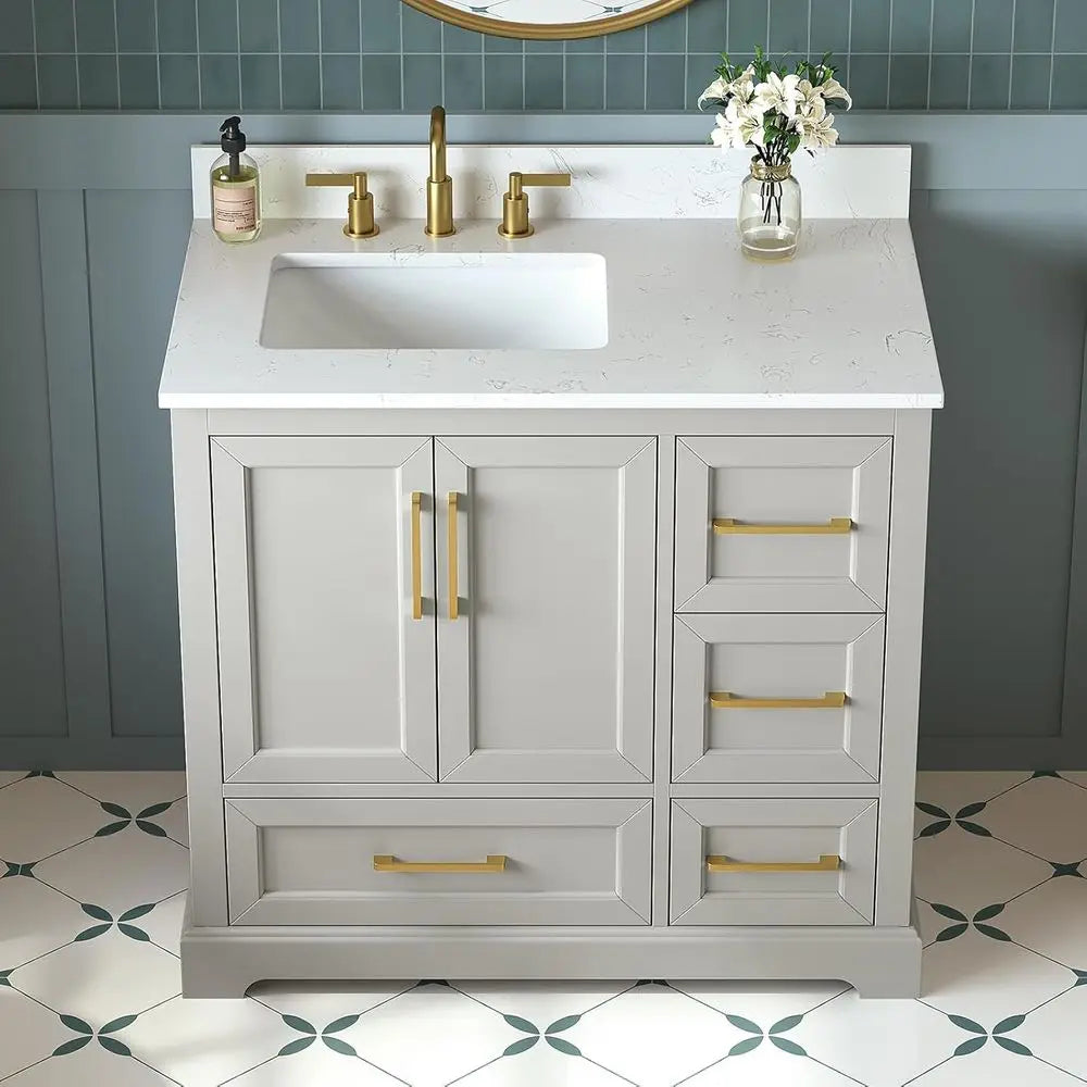 36-Inch Solid Wood Bathroom Vanity with Carrara Marble Top – Greige Single Sink Vanity with Soft-Close Drawers, Fully Assembled
