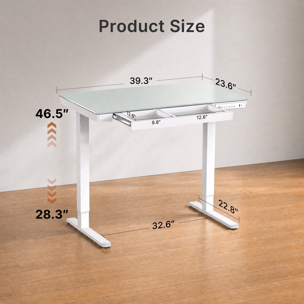 Glass Top Electric Standing Desk with Drawer, 48'' X 24'' Electric Height Adjustable Desk with USB Charging Ports, Sit Stand up for Home Office
