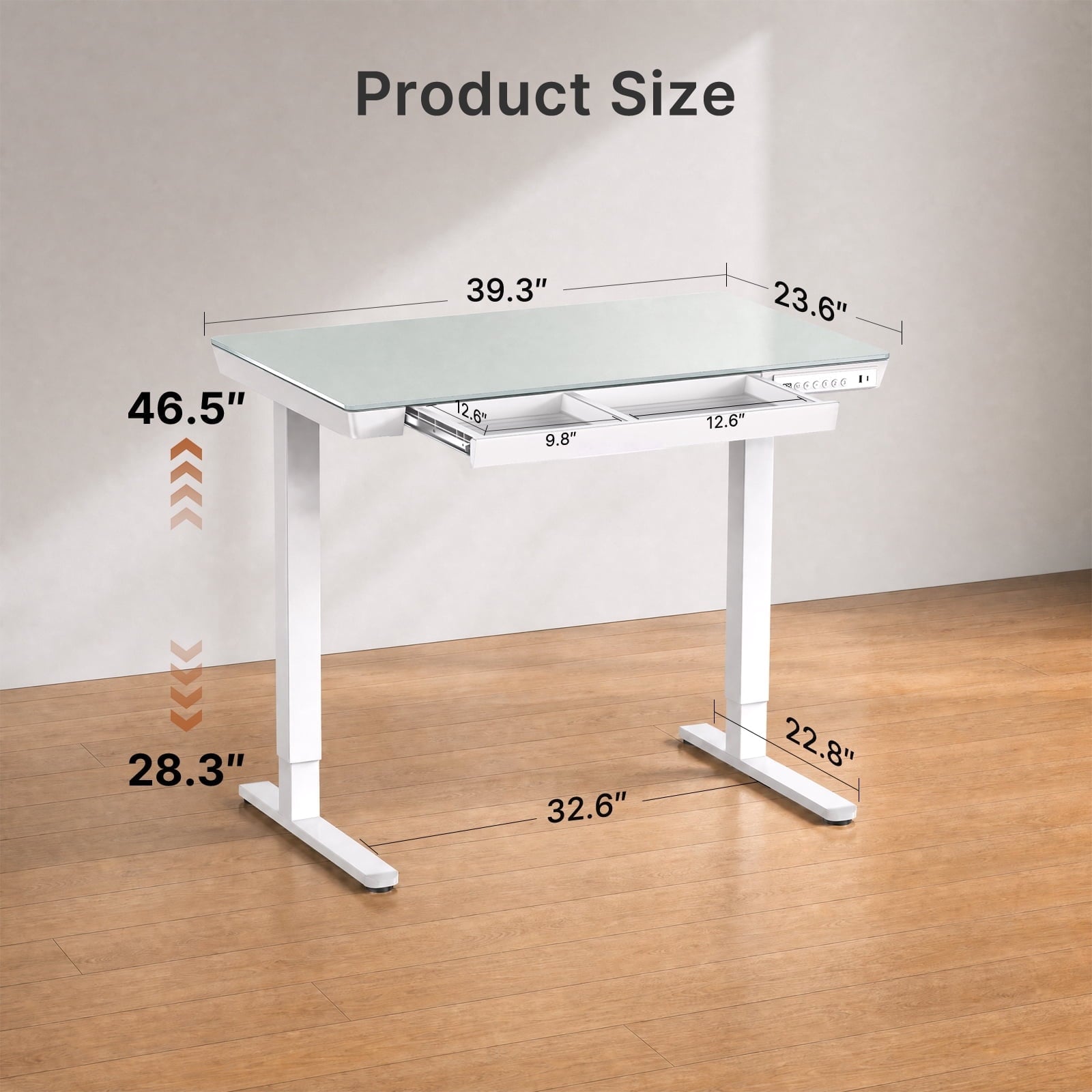 Glass Top Electric Standing Desk with Drawer, 48'' X 24'' Electric Height Adjustable Desk with USB Charging Ports, Sit Stand up for Home Office
