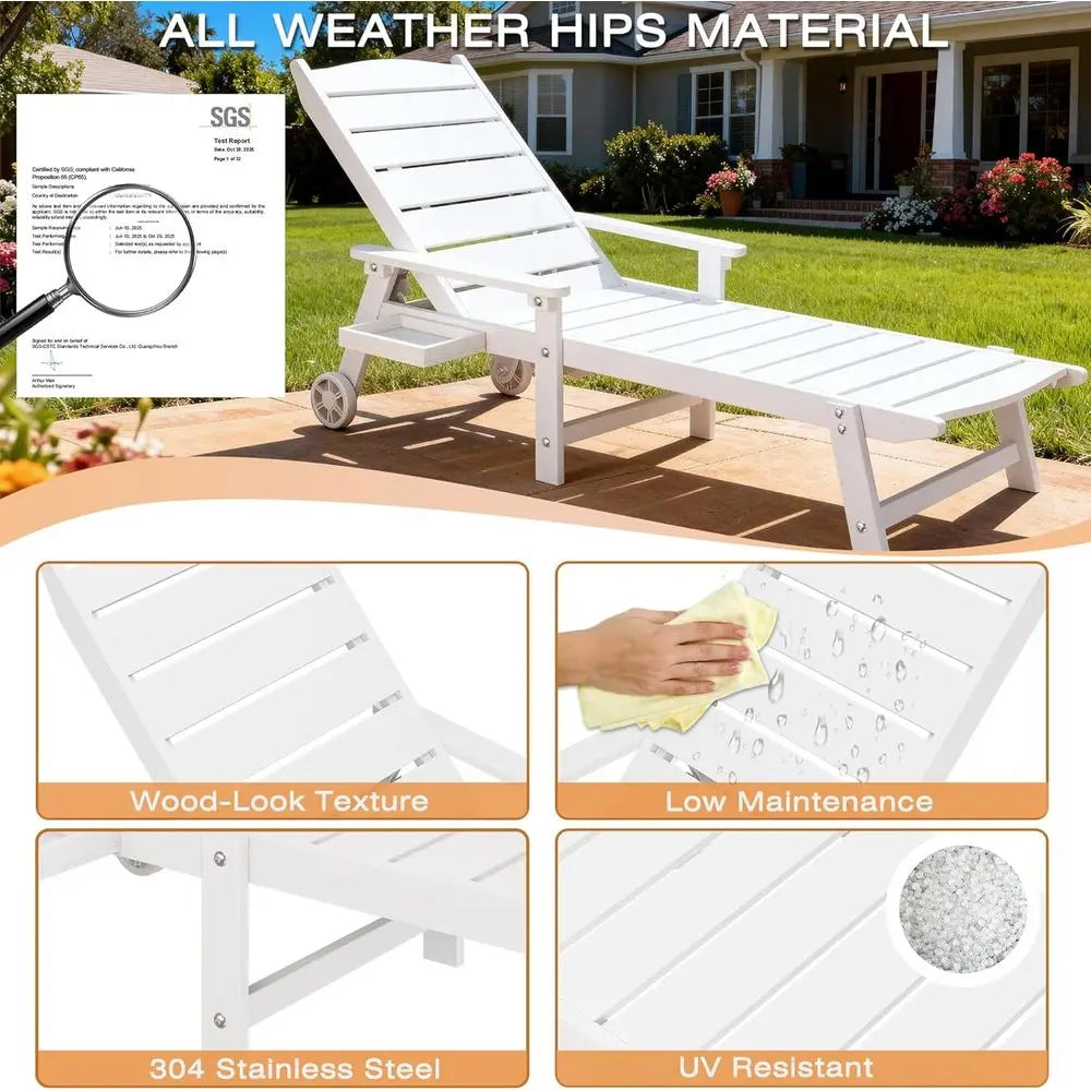 2-Piece Outdoor Pool Lounge Chair Set with Adjustable Backrest & Side Tray – White