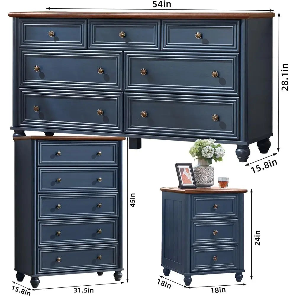 3-Piece Wooden Bedroom Furniture Set with 7-Drawer Dresser, 5-Drawer Chest & Nightstand – Rustic