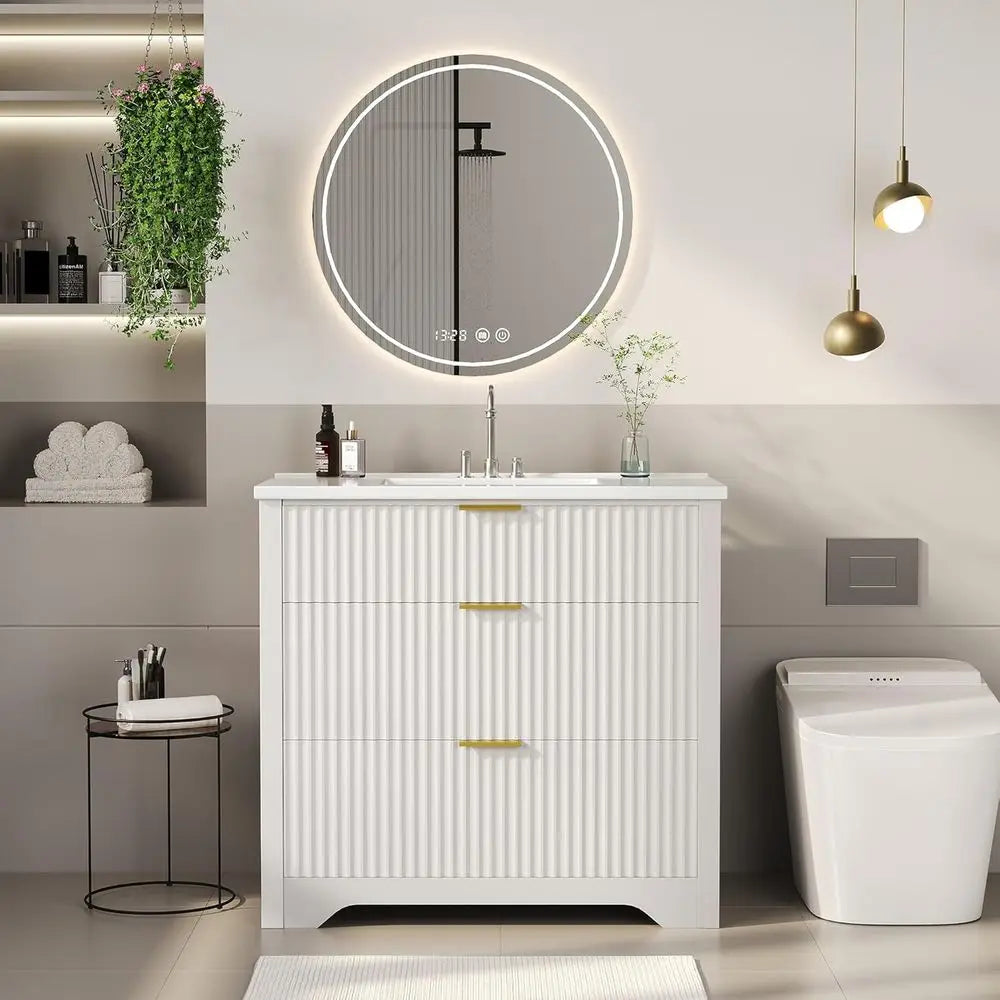 36-Inch Freestanding Bathroom Vanity with Sink – White Vanity with 2 Drawers & Drop-Down Drawer